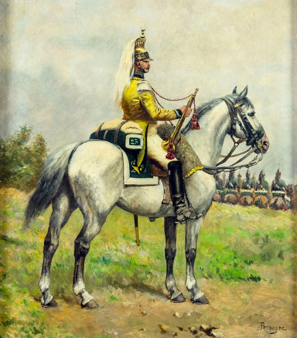 Paul Emile Perboyre (French,1851-1929) oil painting antique: ARTIST: Paul Emile Leon Perboyre (France, 1851 - 1929) TITLE: French Dragoon Soldier on Horse MEDIUM: oil on canvas CONDITION: Few small paint losses along edges. Some craquelure. No visible inpaint u