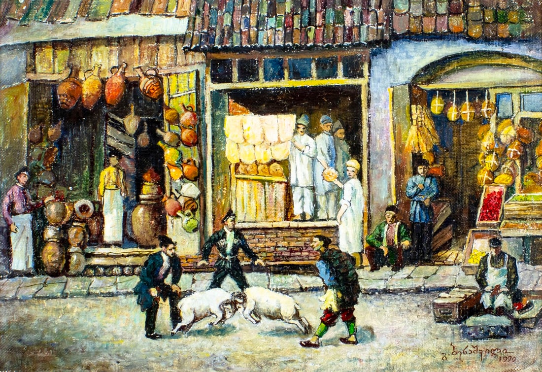 G Benashvili (Georgia,20C) oil painting: ARTIST: G Benashvili (Georgian, 20 century) TITLE: Tbilisi, Georgia Street Scene YEAR: 1992 MEDIUM: oil on canvas CONDITION: Few small paint losses. No visible inpaint under UV light. Wear to frame. A