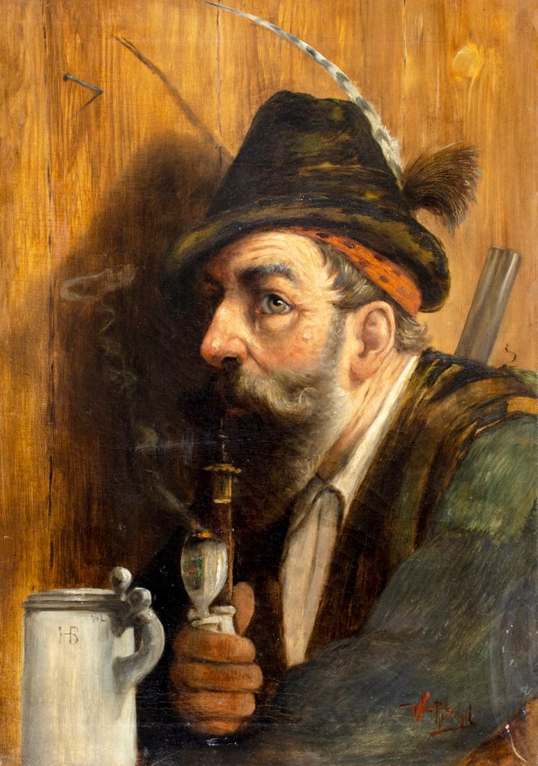 ATTR William Ritschel (NY,CA,German,1864-1949) oil painting antique: ARTIST: ATTRIBUTED TO William Frederick Ritschel (New York, California, Germany, 1864 - 1949) TITLE: Portrait of Man with Pipe MEDIUM: oil on canvas CONDITION: Relined. One small repaired tear. Few sc