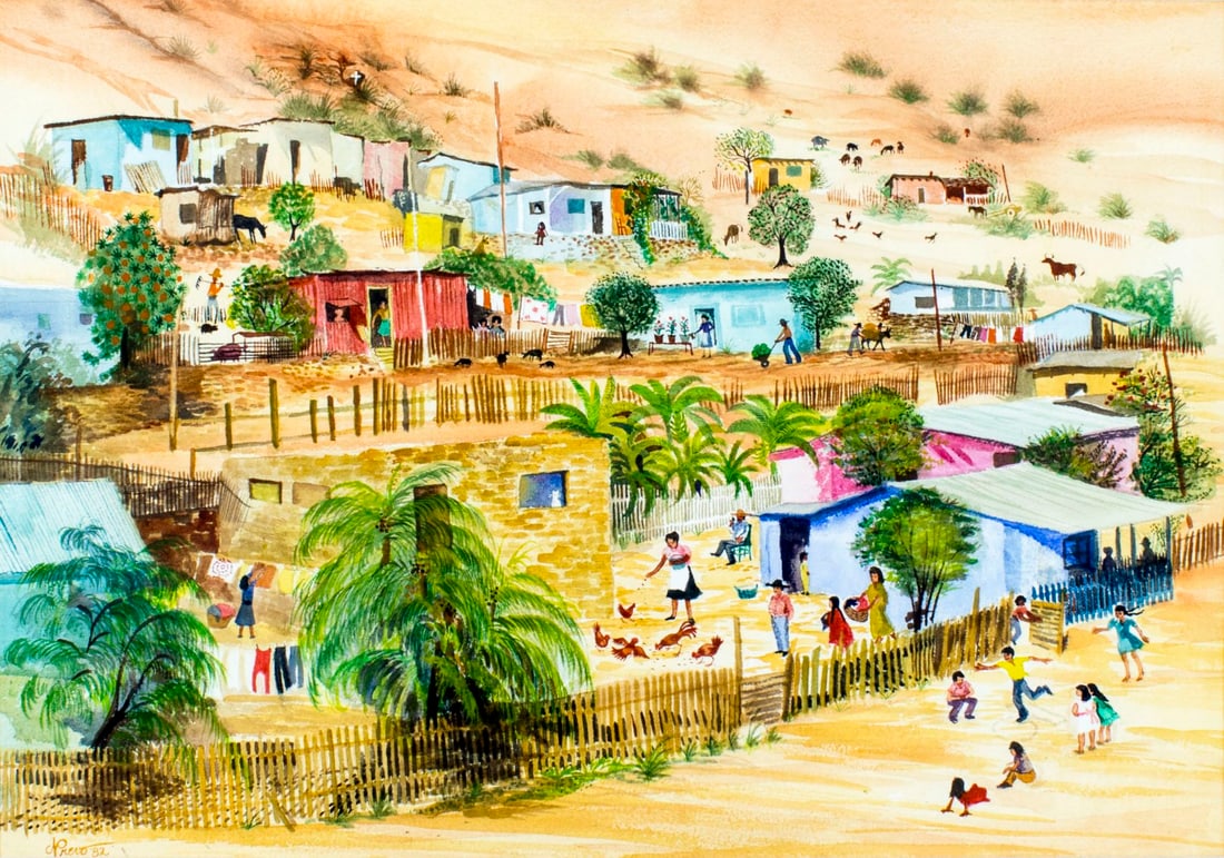 Nancy Prevo (MA,AZ,20C) watercolor painting: ARTIST: Nancy Prevo-Gurney (Massachusetts, Arizona, 20 century) NAME: Mexican Village YEAR: 1982 MEDIUM: watercolor on paper CONDITION: Very good. Framed under glass. SIGHT SIZE: 20 x 29 inches / 50 x