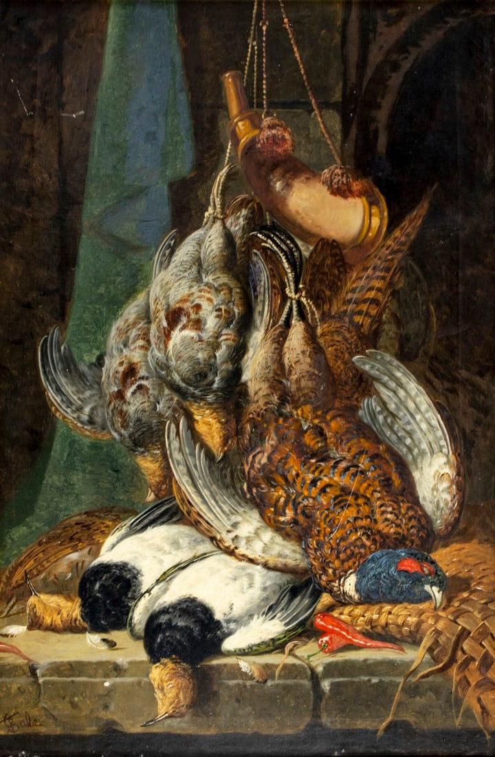 Charles Thomas Bale (UK,fl 1866-1875) oil painting antique: ARTIST: Charles Thomas Bale (United Kingdom, fl.1866 - 1875) TITLE: Still Life with Dead Game MEDIUM: oil on canvas CONDITION: Two patches. Some scratches/paint losses. Minor craquelure. Two inpainted