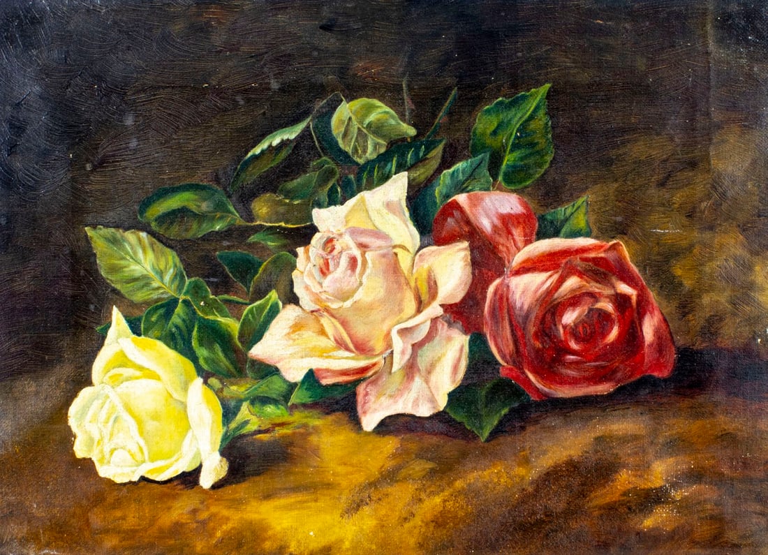 Antique early 20C American oil painting: ARTIST: - (American, early 20 century) TITLE: Still Life with Roses MEDIUM: oil on canvas CONDITION: Few minor paint losses. Normal wear along edges. No visible inpaint under UV light. ART SIZE: 10 x