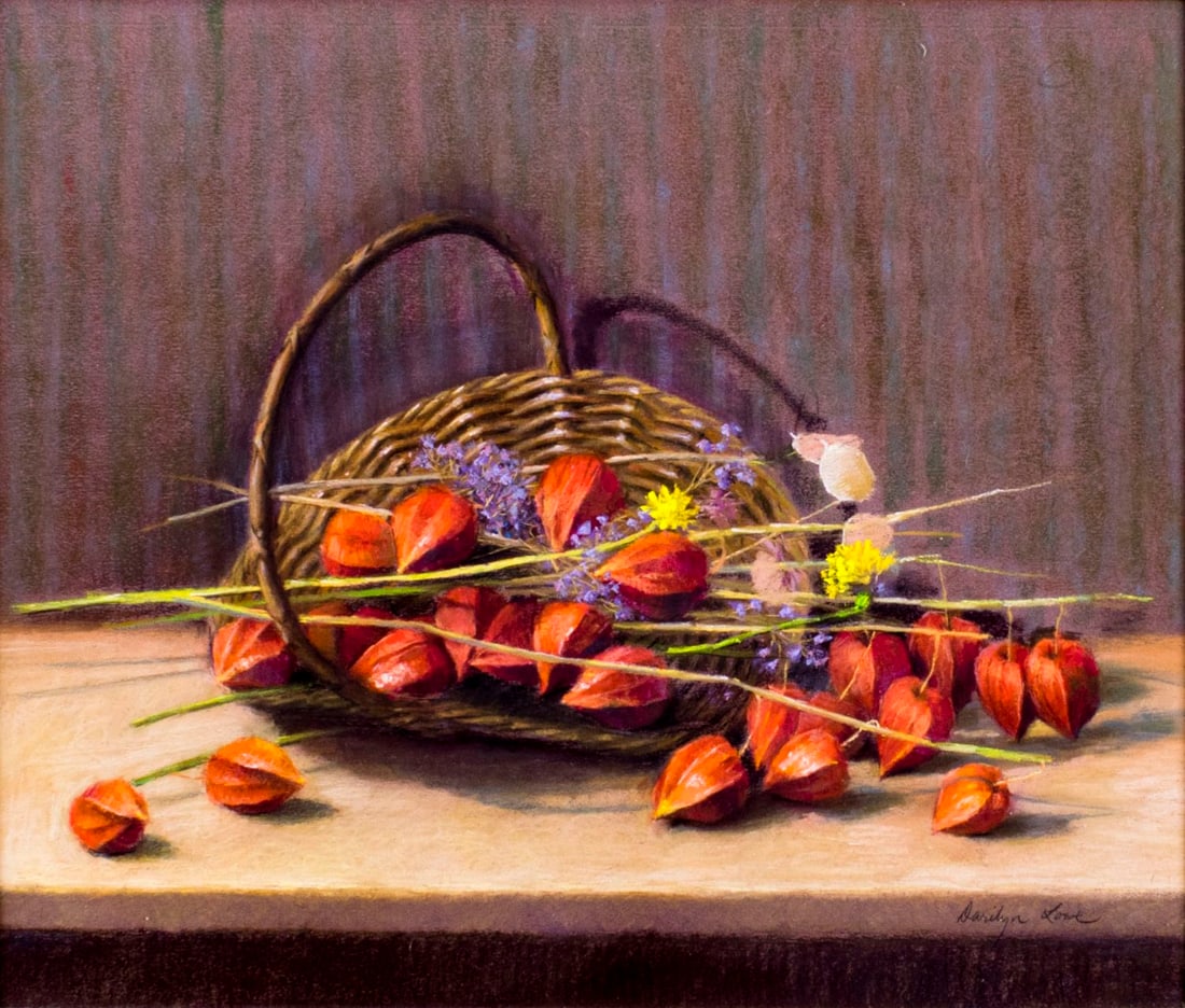 Darilyn Lowe (NY,20C) pastel painting: ARTIST: Darilyn Lowe (New York, 20 century) NAME: Still Life with Basket of Chinese Lanterns MEDIUM: pastel on paper CONDITION: Excellent. Framed under glass. Wear to frame. SIGHT SIZE: 20 x 24 inches