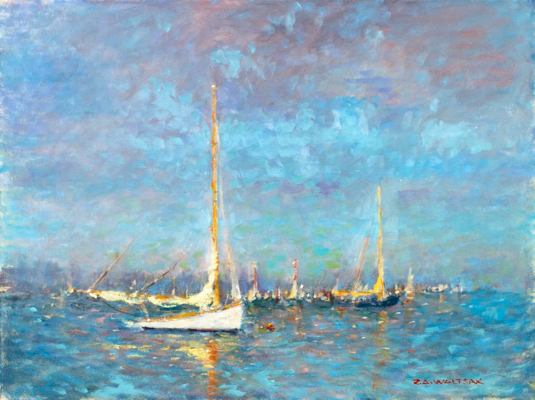 Robert Waltsak (NJ,b 1944) oil painting: ARTIST: Robert Alan Waltsak (New Jersey, born 1944) TITLE: Seascape with Sailboats MEDIUM: oil on canvas board CONDITION: Overall good. No visible inpaint under UV light. ART SIZE: 24 x 32 inches / 60
