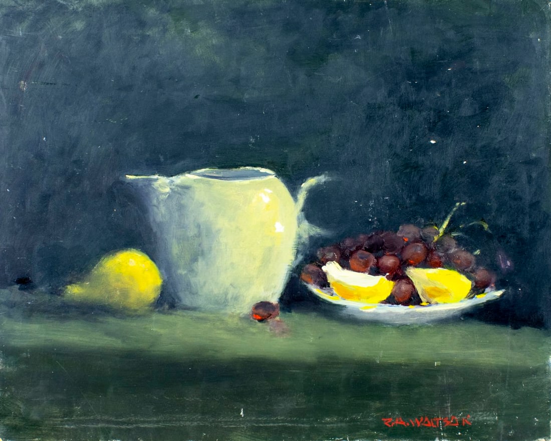 Robert Waltsak (NJ,b 1944) oil painting: ARTIST: Robert Alan Waltsak (New Jersey, born 1944) TITLE: Still Life with Teapot and Fruit MEDIUM: oil on board CONDITION: Some small scratches/paint losses. No visible inpaint under UV light. ART SI