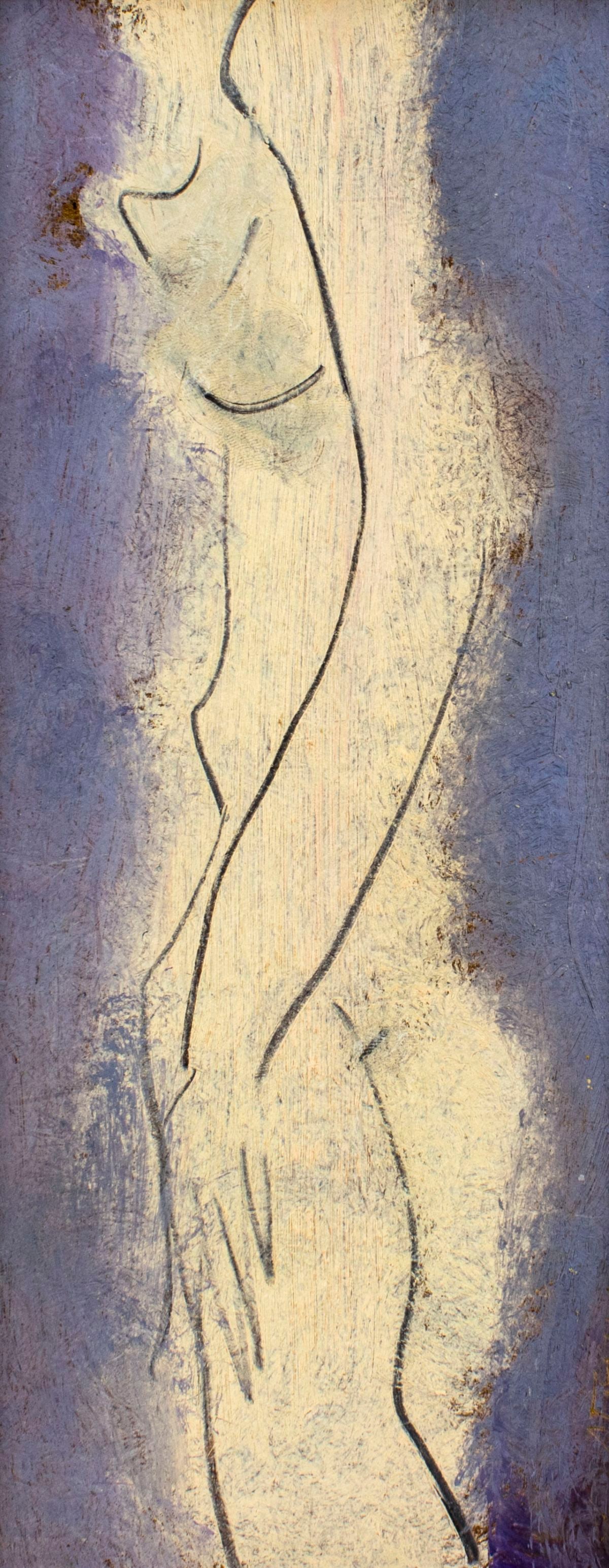 Sterling Strauser (PA,1907-1995) oil painting: ARTIST: Sterling Boyd Strauser (Pennsylvania, 1907 - 1995) TITLE: Nude MEDIUM: oil on board CONDITION: Very good. No visible inpaint under UV light. ART SIZE: 9 x 4 inches / 22 x 10 cm FRAME SIZE: 10 