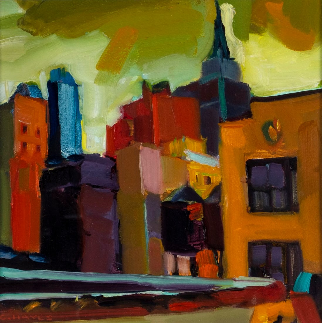 Connie Hayes (ME,20C) oil painting: ARTIST: Connie Hayes (Maine, 20 century) TITLE: Empire State Building from Union Square (titled on label) YEAR: 2000 MEDIUM: oil on paper CONDITION: Very good. Framed under the glass. ART SIZE: 10 x 1