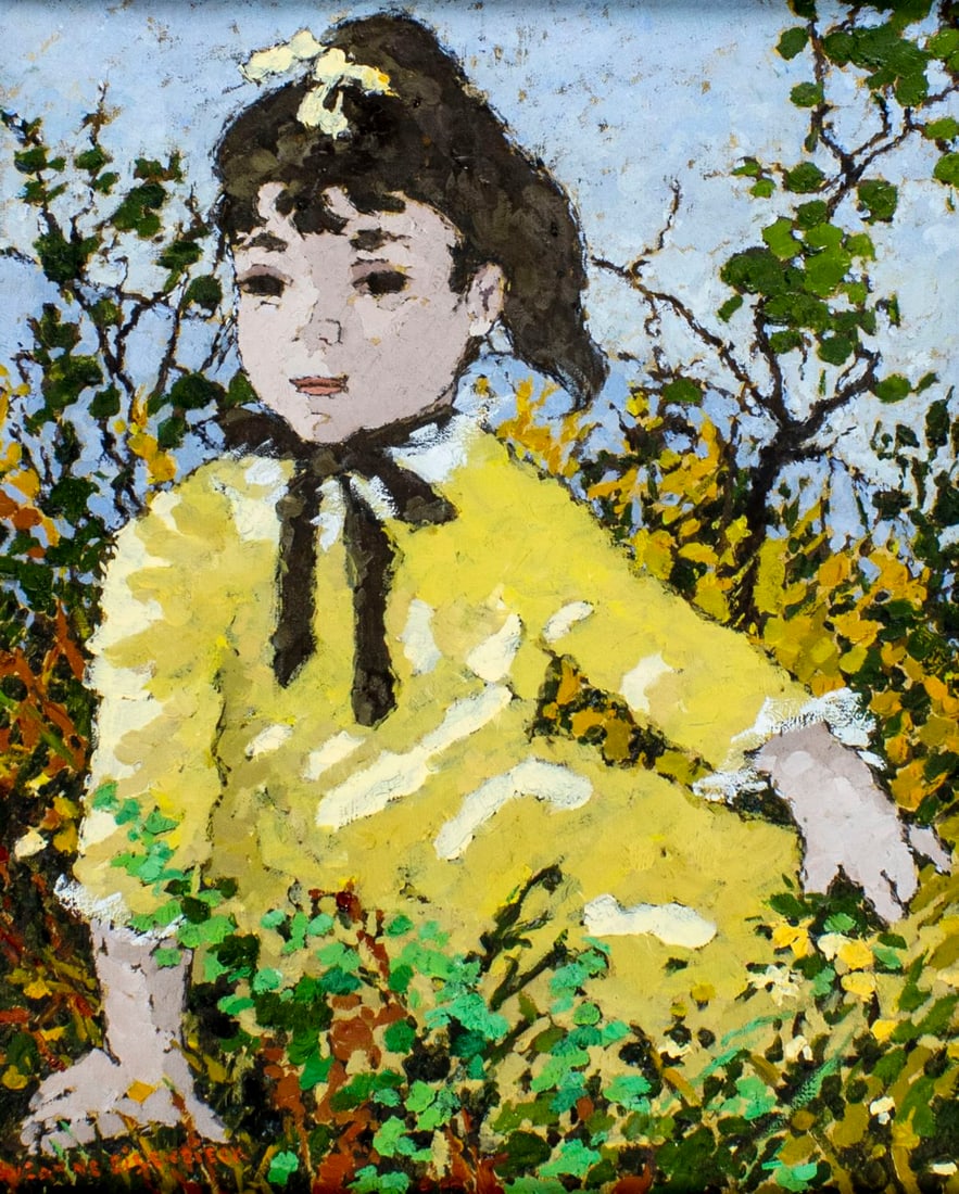 Suzanne Eisendieck (German,Polish,1908-1998) oil painting: ARTIST: Suzanne Eisendieck (Germany, Poland, 1908 - 1998) TITLE: Fiona au Jardin (titled on verso) MEDIUM: oil on canvas CONDITION: Very minor craquelure. No visible inpaint under UV light. Minor dama