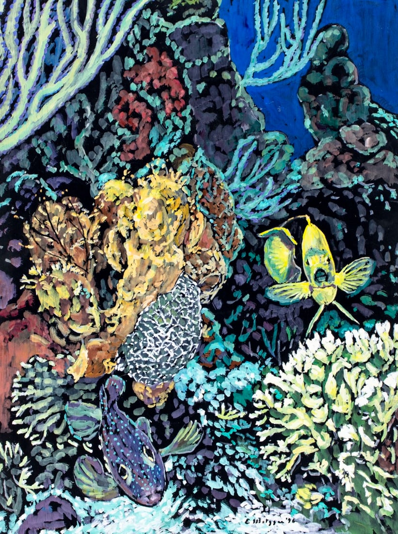 Evelyn Metzger (NY,Brazil,1911-2007) oil painting: ARTIST: Evelyn Borchard Metzger (New York, Brazilian, 1911 - 2007) TITLE: Coral Reef YEAR: 1996 MEDIUM: oil on board CONDITION: Small damage to lower edge. No visible inpaint under UV light. ART SIZE: