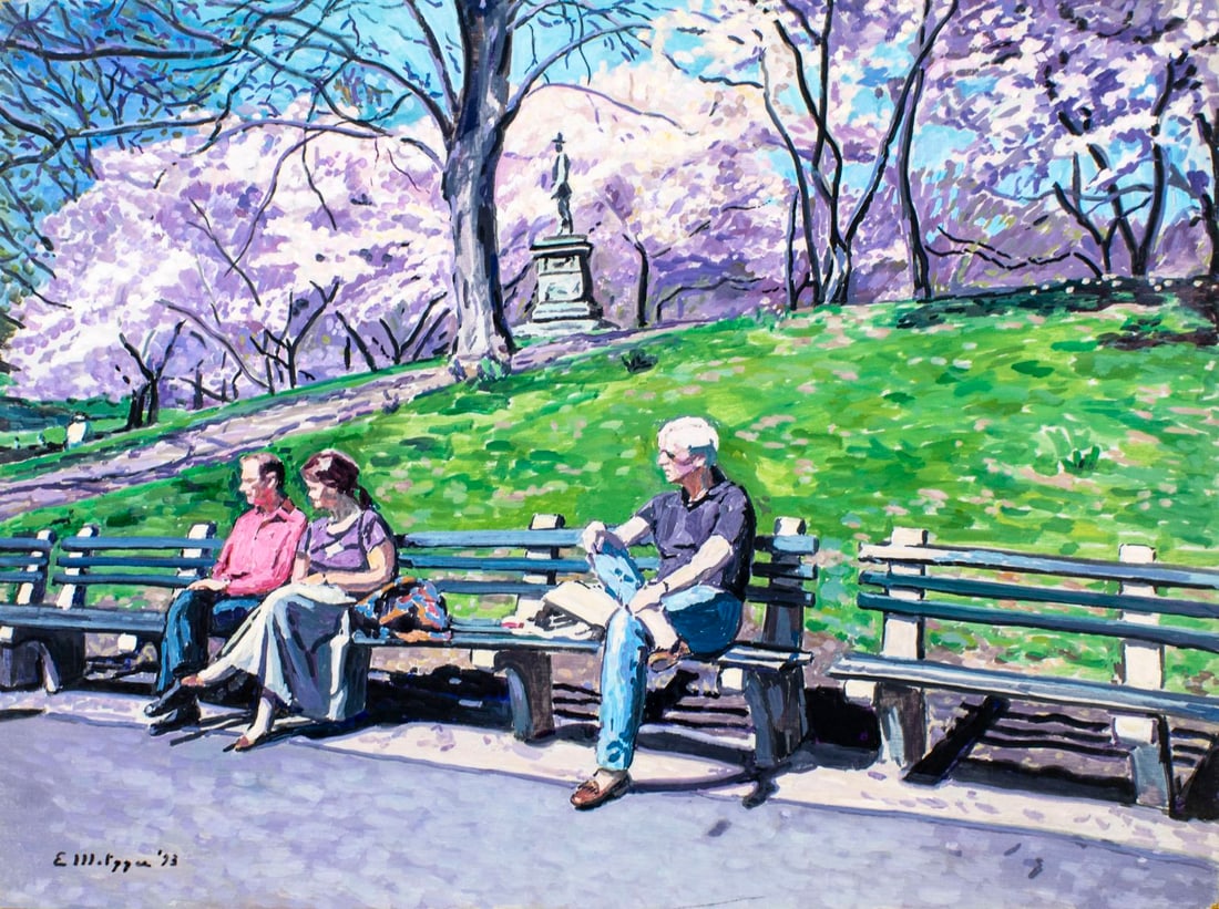 Evelyn Metzger (NY,Brazil,1911-2007) oil painting: ARTIST: Evelyn Borchard Metzger (New York, Brazilian, 1911 - 2007) TITLE: Cherry Blossom on Hill (titled on verso) YEAR: 1993 MEDIUM: oil on board CONDITION: Minor damages to corners. Few small faint 