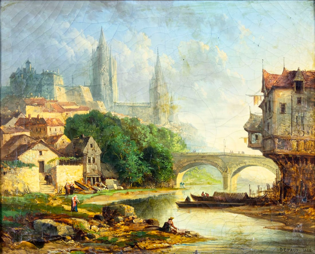 Alexandre DeFaux (France,1826-1900) oil painting antique: ARTIST: Alexandre DeFaux (French, 1826 - 1900) TITLE: Cityscape YEAR: 1858 MEDIUM: oil on canvas CONDITION: Two small patches. Some paint losses mostly by the lower edge. Some craquelure. Few small in