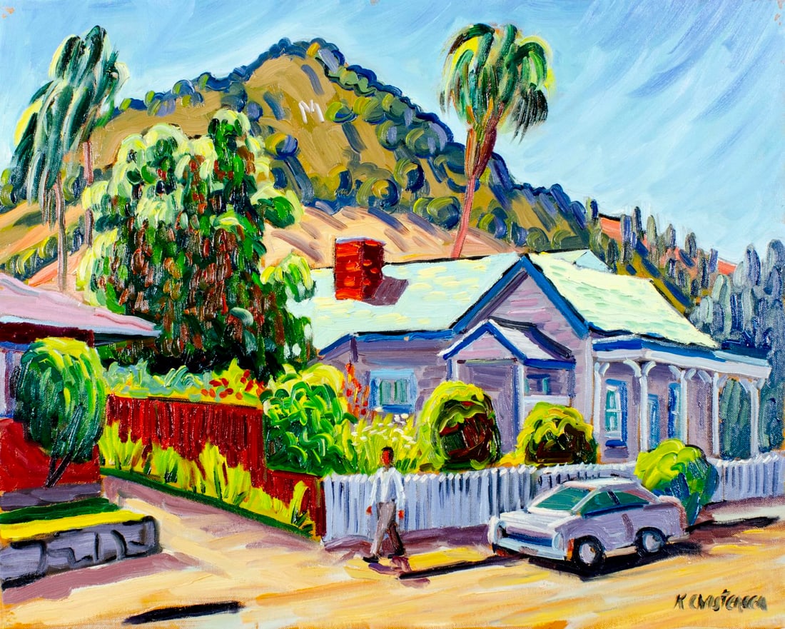 Ken Christensen (MI,CA,OH,b 1951) oil painting: ARTIST: Ken Christensen (Michigan, California, Ohio, born 1951) TITLE: California Street Scene - Taking a Walk (titled on verso) MEDIUM: oil on canvas CONDITION: Some paint losses mostly by the upper 
