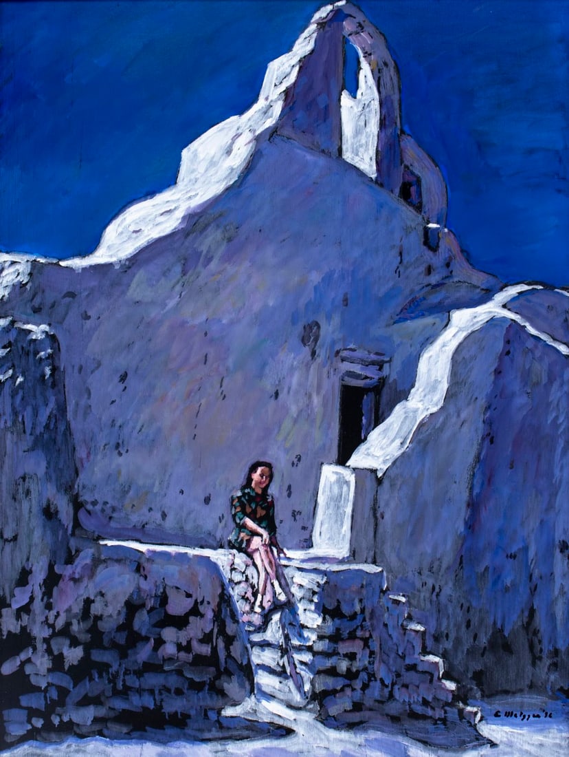 Evelyn Metzger (NY,Brazil,1911-2007) oil painting: ARTIST: Evelyn Borchard Metzger (New York, Brazilian, 1911 - 2007) TITLE: Santorini, Greece (titled on verso) YEAR: 1996 MEDIUM: oil on board CONDITION: Very good. No visible inpaint under UV light. N