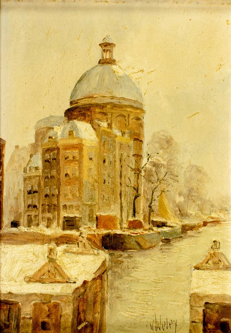 V Weley (Dutch,20C) oil painting: ARTIST: V Weley (Netherlands, 20 century) TITLE: Canal Cityscape MEDIUM: oil on board CONDITION: Small scratches/paint losses. No visible inpaint under UV light. Wear to frame. ART SIZE: 7 x 5 inches 
