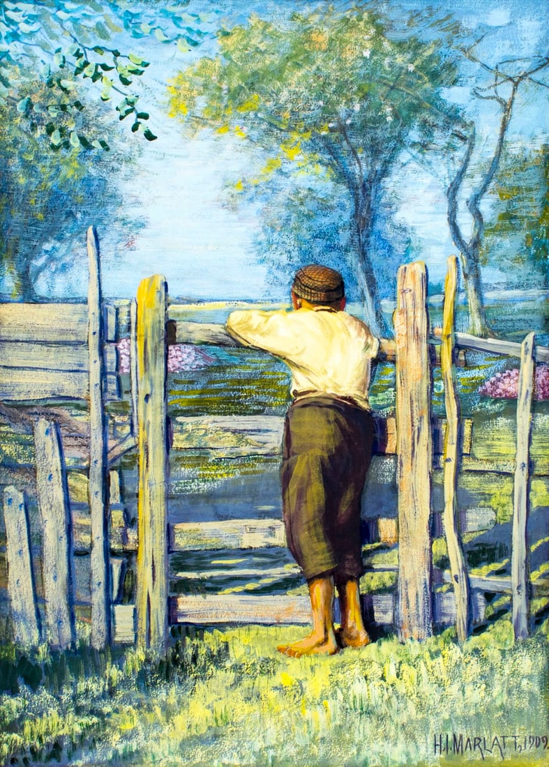 Hamilton Marlatt (NY,CA,France,1867-1929) gouache painting antique: ARTIST: Hamilton Irving Marlatt (New York, California, French, 1867 - 1929) TITLE: Boy Leaning over Fence YEAR: 1909 MEDIUM: gouache on board CONDITION: Very good. ART SIZE: 21 x 15 inches / 53 x 38 c