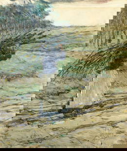 Jules Guerin (NY,IL,MO,1866-1946) watercolor painting antique: ARTIST: Jules Vallee Guerin (New York, Illinois, Missouri, 1866 - 1946) TITLE: Peasant Woman Carrying Firewood MEDIUM: watercolor on paper. Paper applied to board. CONDITION: Some age toning. ART SIZE