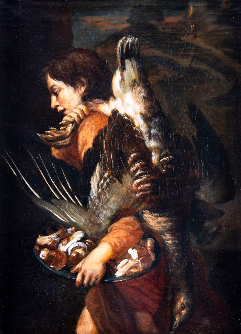 Fridrich Lajos (German,19C) oil painting antique: ARTIST: Fridrich Lajos (Germany, 19 century) TITLE: Young Man Carrying Meat and Poultry YEAR: 1883 MEDIUM: oil on canvas CONDITION: Minor paint losses. Some craquelure. Some scattered inpaintings. Som