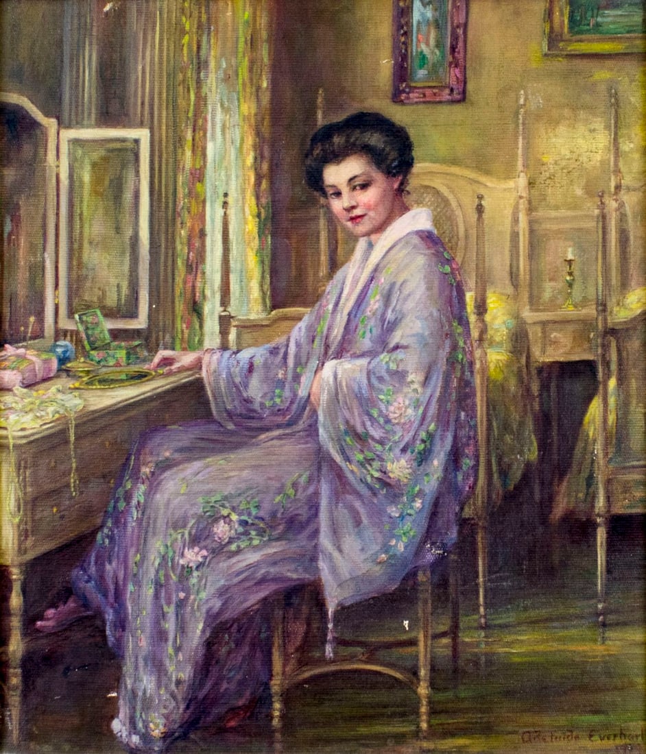 Adelaide Everhart (GA,NC,1865-1958) oil painting antique: ARTIST: Adelaide Everhart (Georgia, North Carolina, 1865 - 1958) TITLE: Seated Woman MEDIUM: oil on canvas CONDITION: Few small paint losses. No visible inpaint under UV light. ART SIZE: 19 x 16 inche