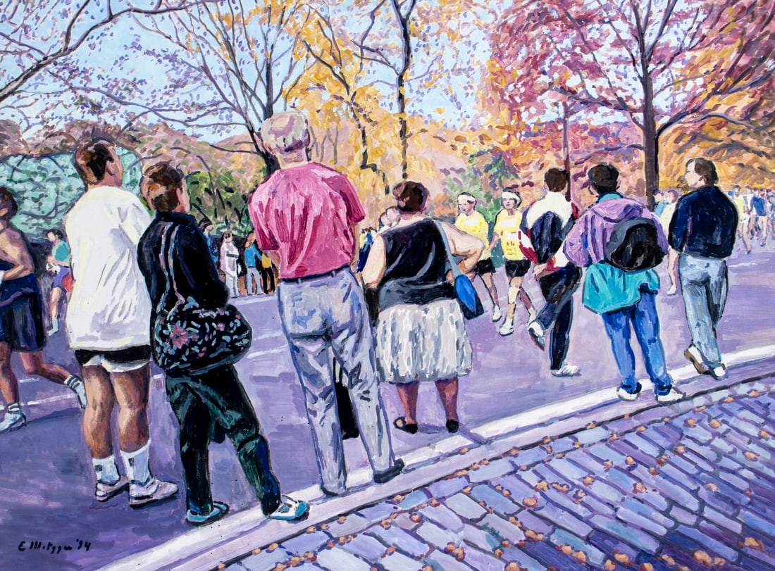 Evelyn Metzger (NY,Brazil,1911-2007) oil painting: ARTIST: Evelyn Borchard Metzger (New York, Brazilian, 1911 - 2007) TITLE: New York Marathon YEAR: 1994 MEDIUM: oil on board CONDITION: Overall good. No visible inpaint under UV light. ART SIZE: 24 x 3