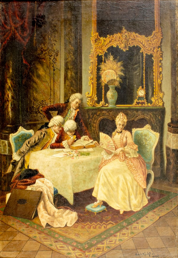 Karl Richter (German,19C) oil painting antique: ARTIST: Karl Richter (Germany, 19 century) TITLE: Interior Scene MEDIUM: oil on canvas CONDITION: Relined. Few small paint losses mostly along edges. Some craquelure. Few scattered small inpantings (b