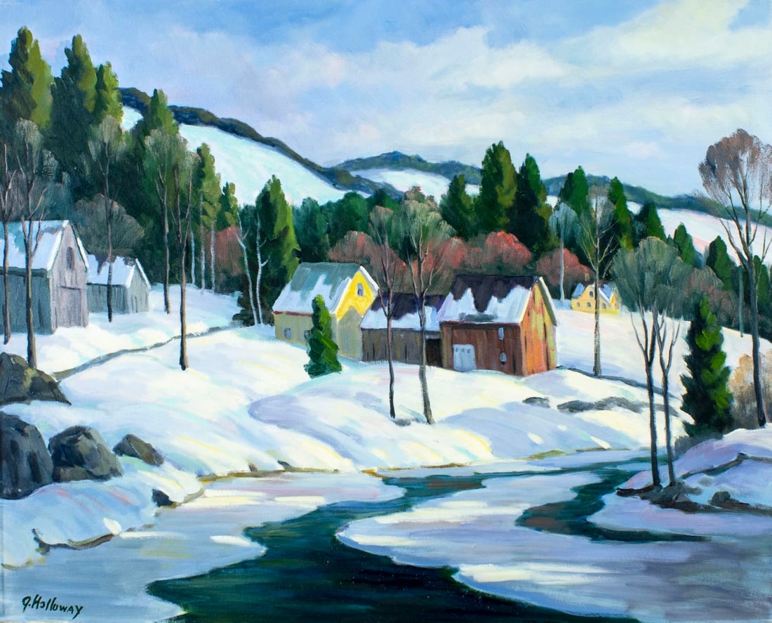 George Holloway (NJ,20C) oil painting: ARTIST: George Holloway (New Jersey, 20 century) TITLE: Winter Country Landscape MEDIUM: oil on canvas CONDITION: Very good. No visible inpaint under UV light. ART SIZE: 24 x 30 inches / 60 x 76 cm FR