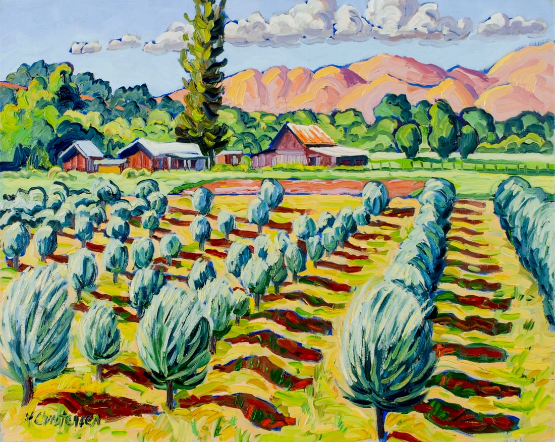 Ken Christensen (MI,CA,OH,b 1951) oil painting: ARTIST: Ken Christensen (Michigan, California, Ohio, born 1951) TITLE: Landscape - Orchard From River Road (titled on verso) YEAR: 2009 MEDIUM: oil on canvas CONDITION: Overall good. No visible inpain