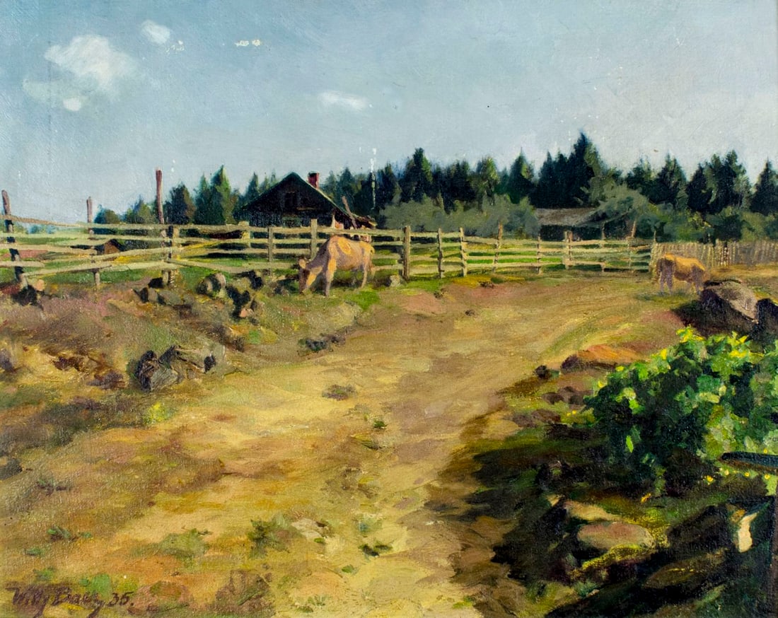 Willy Baer (Finland,1875-1961) oil painting: ARTIST: Bruno Willy Baer (Finnish, 1875 - 1961) NAME: Country Landscape YEAR: 1935 MEDIUM: oil on board CONDITION: Few minor paint losses (mostly in the sky). No visible inpaint under UV light. SIGHT