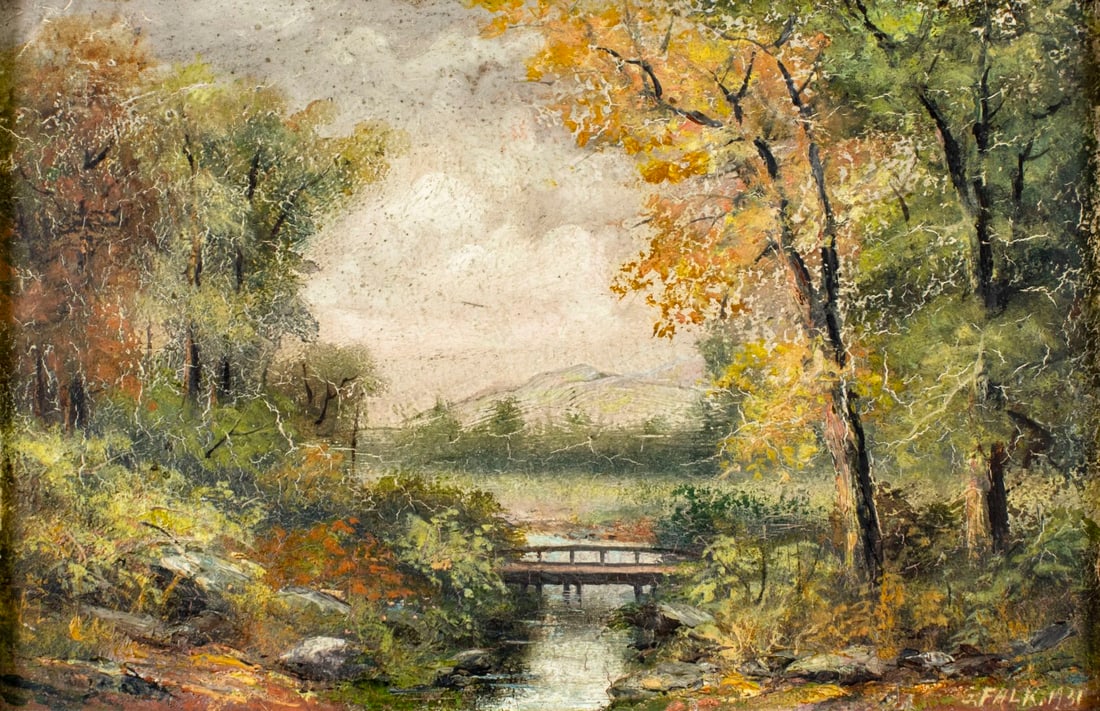 George Falk (PA,1865-1948) oil painting antique: ARTIST: George D Falk (Pennsylvania, 1865 - 1948) TITLE: Autumn Stream Landscape YEAR: 1931 MEDIUM: oil on board CONDITION: Few minor paint losses. Some stable craquelure. No visible inpaint under UV 
