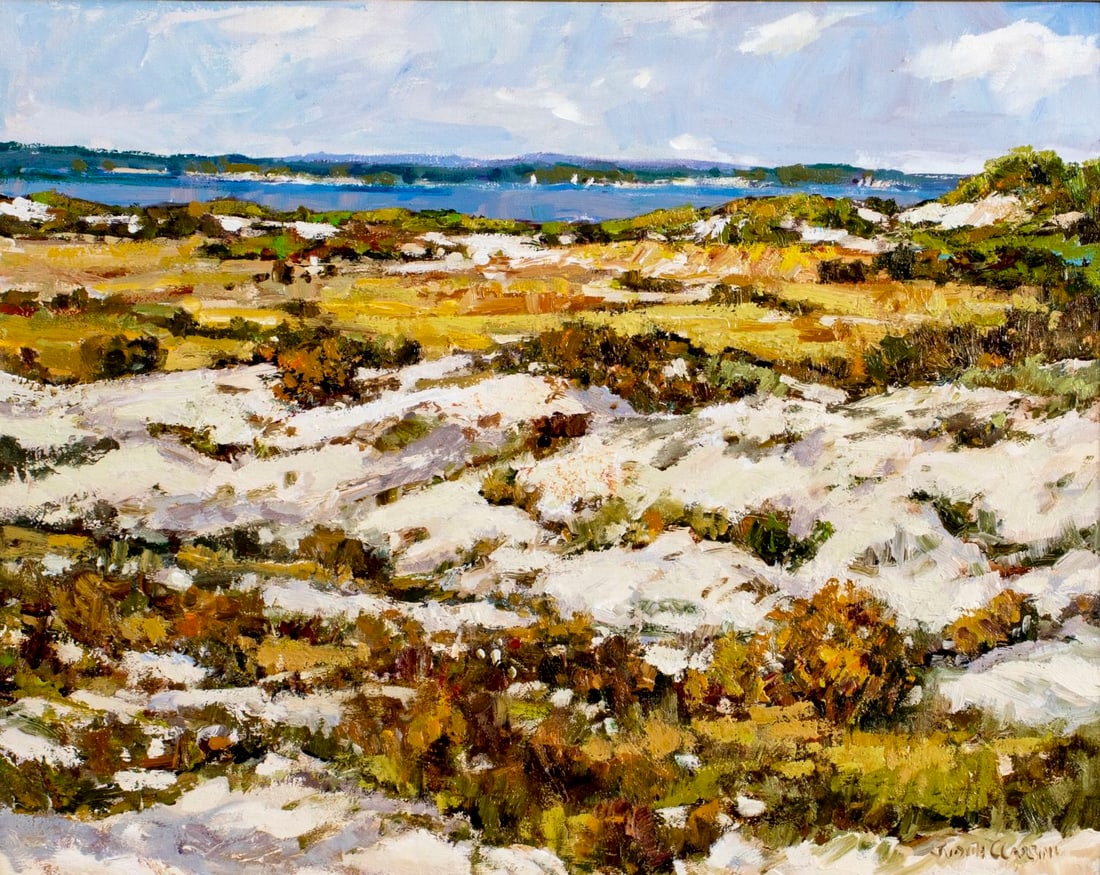 Judith Carbine (VT,20/21C) oil painting: ARTIST: Judithc C Carbine (Vermont, 20/21 centuires) TITLE: Landscape - Napeague Bay Dune, NY (titled on verso) YEAR: 2010 MEDIUM: oil on canvas CONDITION: Very good. No visible inpaint under UV light