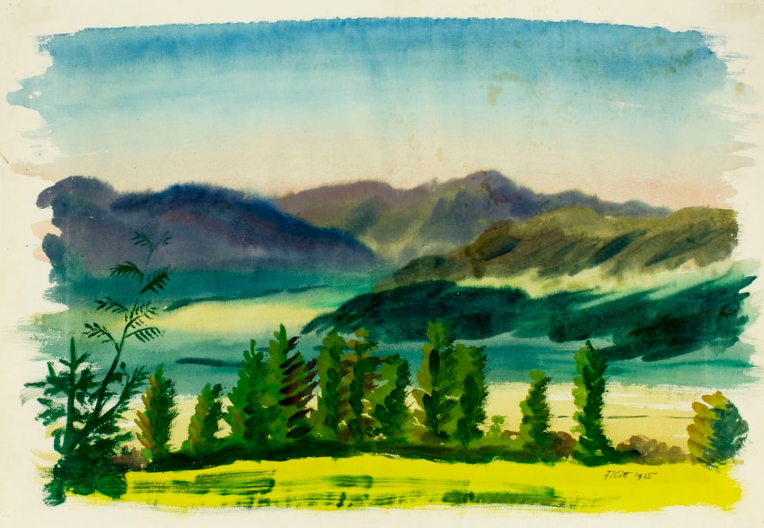 Ferdinand Kitt (Austria,1887-1961) watercolor painting antique: ARTIST: Ferdinand Kitt (Austrian, 1887 - 1961) NAME: Landscape YEAR: 1925 MEDIUM: watercolor on paper CONDITION: Faint foxing. Minor damages to edges. Minor age toning. SIGHT SIZE: 17 x 24 inches / 43