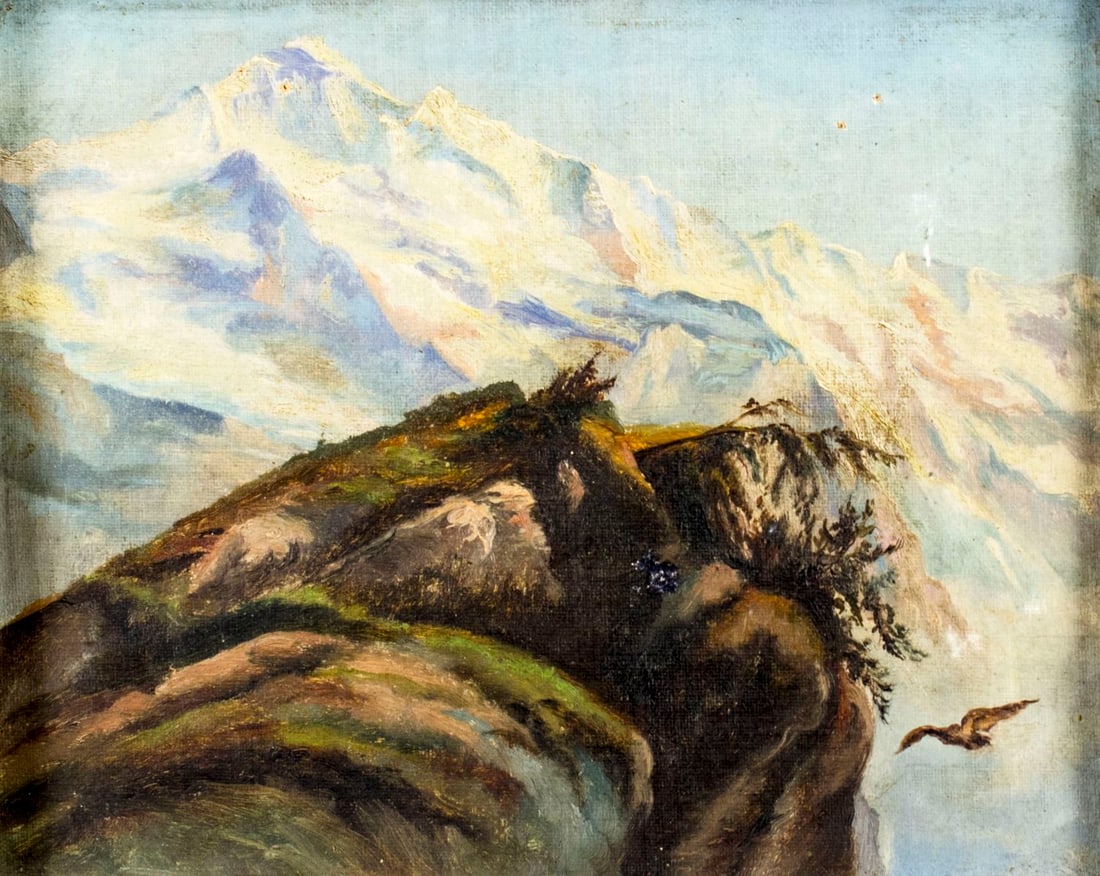Antique 19C European oil painting: ARTIST: - (Europe, 19 century) TITLE: Mountain Landscape MEDIUM: oil on canvas board CONDITION: Few small scratches/paint losses. One small inpainting (5 x 5 mm). Some damages to frame. ART SIZE: 8 x 