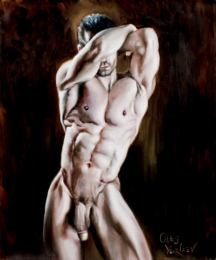 Oleg Yurtaev (Russia,b 1981) oil painting: ARTIST: Oleg Yurtaev (Russian, born 1981) TITLE: Nude Male - Confused (titled on verso) MEDIUM: oil on canvas CONDITION: Unstretched (In-House stretching available). Very good. No visible inpaint unde