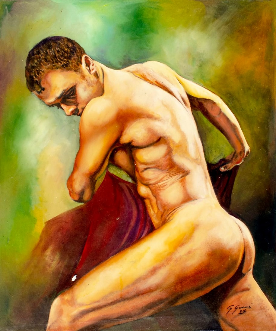 Gustavo Gomez (Colombia,FL,b 1956) oil painting: ARTIST: Gustavo Alonso Gomez (Colombian, Florida, b 1956) TITLE: Nude Male MEDIUM: oil on canvas CONDITION: Unstretched (In-House stretching available). Few minor paint losses. No visible inpaint unde