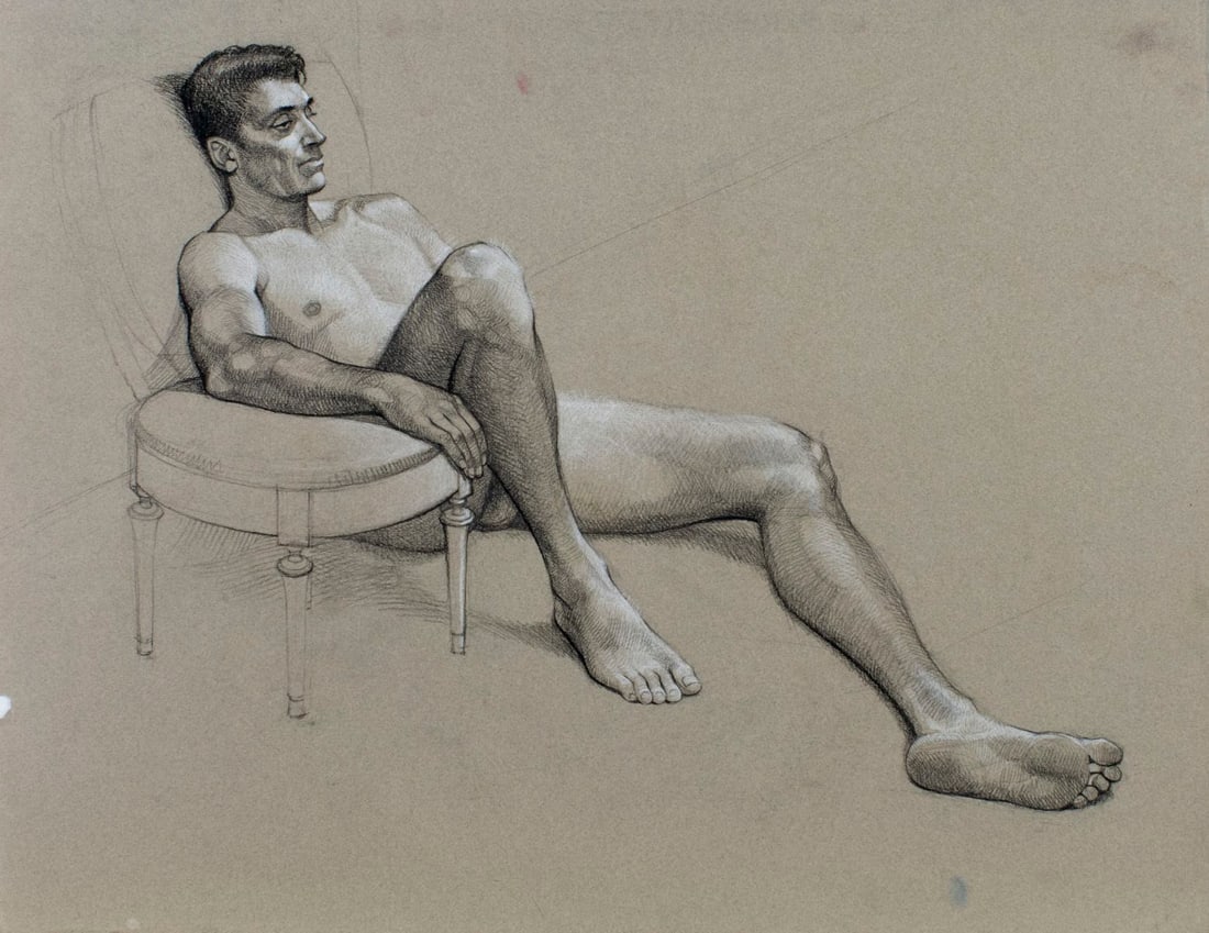 Karl Foster (PA,b 1933) pastel painting: ARTIST: Karl Foster (Pennsylvania, born 1933) TITLE: Reclining Male Nude MEDIUM: pastel on paper CONDITION: Some damages to left edge. ART SIZE: 20 x 26 inches / 50 x 66 cm FRAME SIZE: unframed (In-Ho