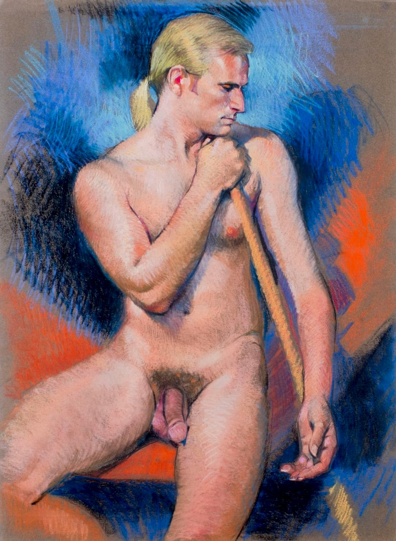 Karl Foster (PA,b 1933) pastel painting: ARTIST: Karl Foster (Pennsylvania, born 1933) TITLE: Male Nude MEDIUM: pastel on heavy paper CONDITION: Faint crease line along upper edge. ART SIZE: 30 x 22 inches / 76 x 55 cm FRAME SIZE: unframed (