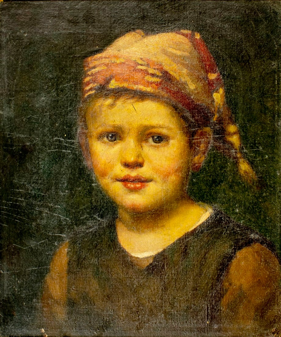 Antique 19C American oil painting: ARTIST: - (American, 19 century) TITLE: Portrait of Boy MEDIUM: oil on canvas. Canvas applied to board. CONDITION: Small scratches/paint losses. Some craquelure. No visible inpaint under UV light. Wea