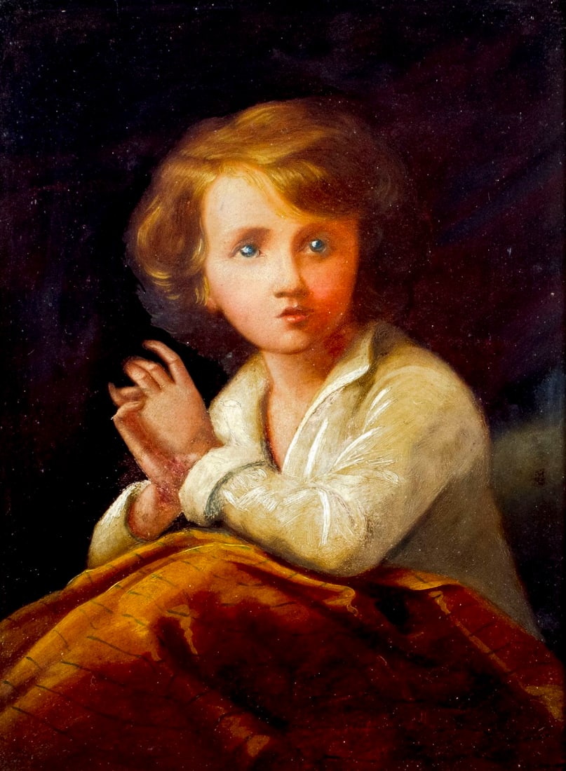 Antique 19C European oil painting: ARTIST: - (Europe, 19 century) TITLE: Portrait of Boy MEDIUM: oil on board CONDITION: Few small paint losses along edges. Some scattered small inpaintings. Some damages to frame. ART SIZE: 15 x 11 inc