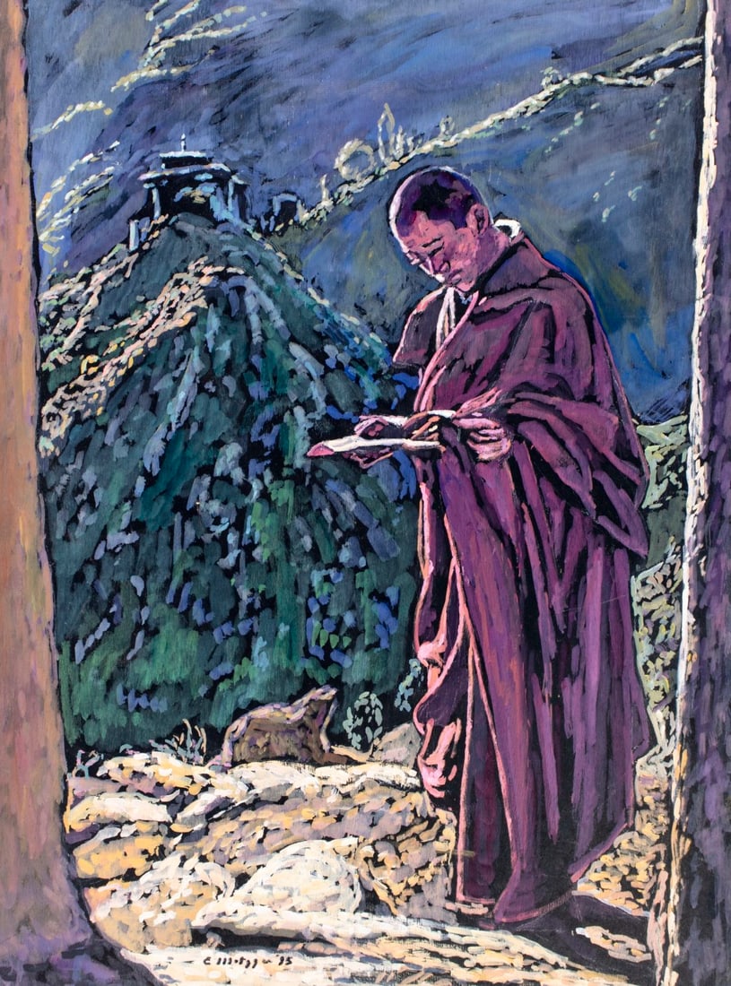 Evelyn Metzger (NY,Brazil,1911-2007) oil painting: ARTIST: Evelyn Borchard Metzger (New York, Brazilian, 1911 - 2007) TITLE: Monk in Bhutan (titled on verso) YEAR: 1995 MEDIUM: oil on board CONDITION: Minor scratches/paint losses. No visible inpaint u