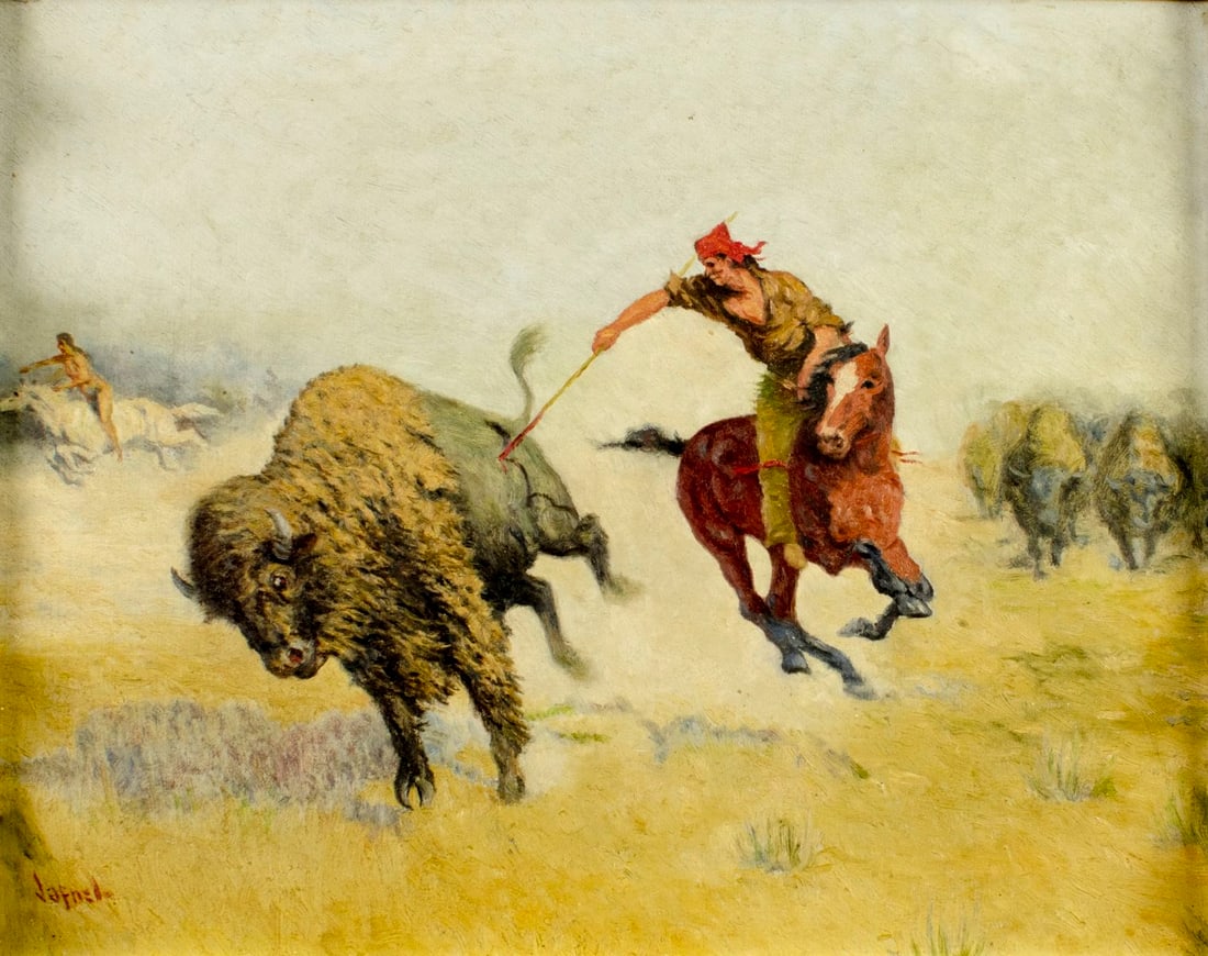 Samuel Jafnel (NY,1887-1964) oil painting: ARTIST: Samuel Alexander Jafnel (New York, 1887 - 1964) TITLE: Indian Man Hunting Buffalo MEDIUM: oil on canvas CONDITION: Overall good. No visible inpaint under UV light. Minor damages to frame. ART 