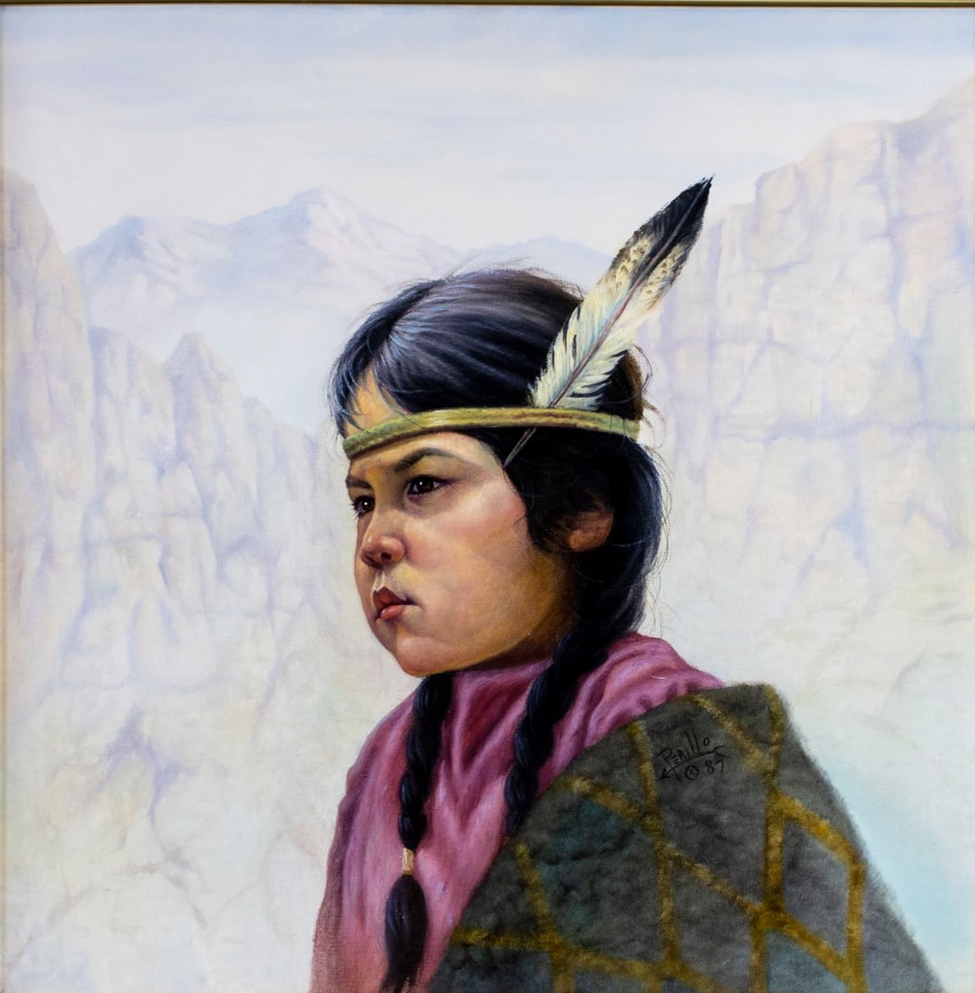 Gregory Perillo (NY,1929-2021) oil painting: ARTIST: Gregory Perillo (New York, 1929 - 2021) TITLE: Indian Girl - Crow (titled on sctretcher) YEAR: 1987 MEDIUM: oil on canvas CONDITION: Minor scratches/paint losses. No visible inpaint under UV l