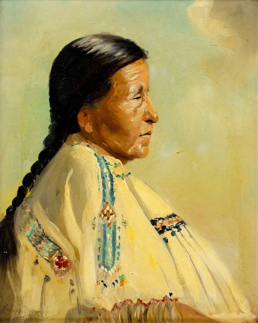 Leonard Borman (CA,Oregon,1894-1995) oil painting: ARTIST: Leonard Borman (California, Oregon, 1894 - 1995) TITLE: Portrait of Indian Woman MEDIUM: oil on canvas CONDITION: Few small scratches/paint losses. Some craquelure. Few scattered minor inpaint