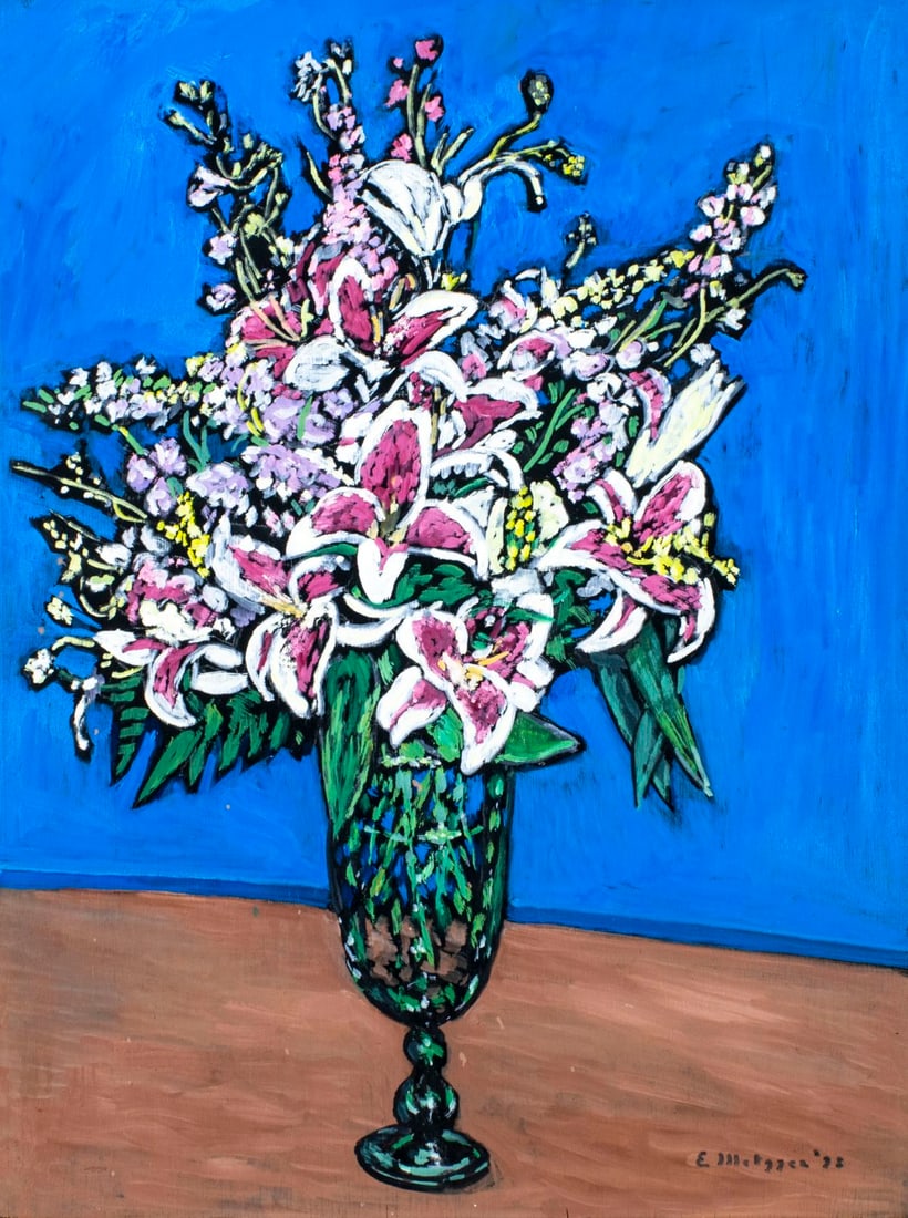 Evelyn Metzger (NY,Brazil,1911-2007) oil painting: ARTIST: Evelyn Borchard Metzger (New York, Brazilian, 1911 - 2007) TITLE: Still Life with Blue Background (titled on verso) YEAR: 1998 MEDIUM: oil on board CONDITION: Few minor paint losses. No visibl