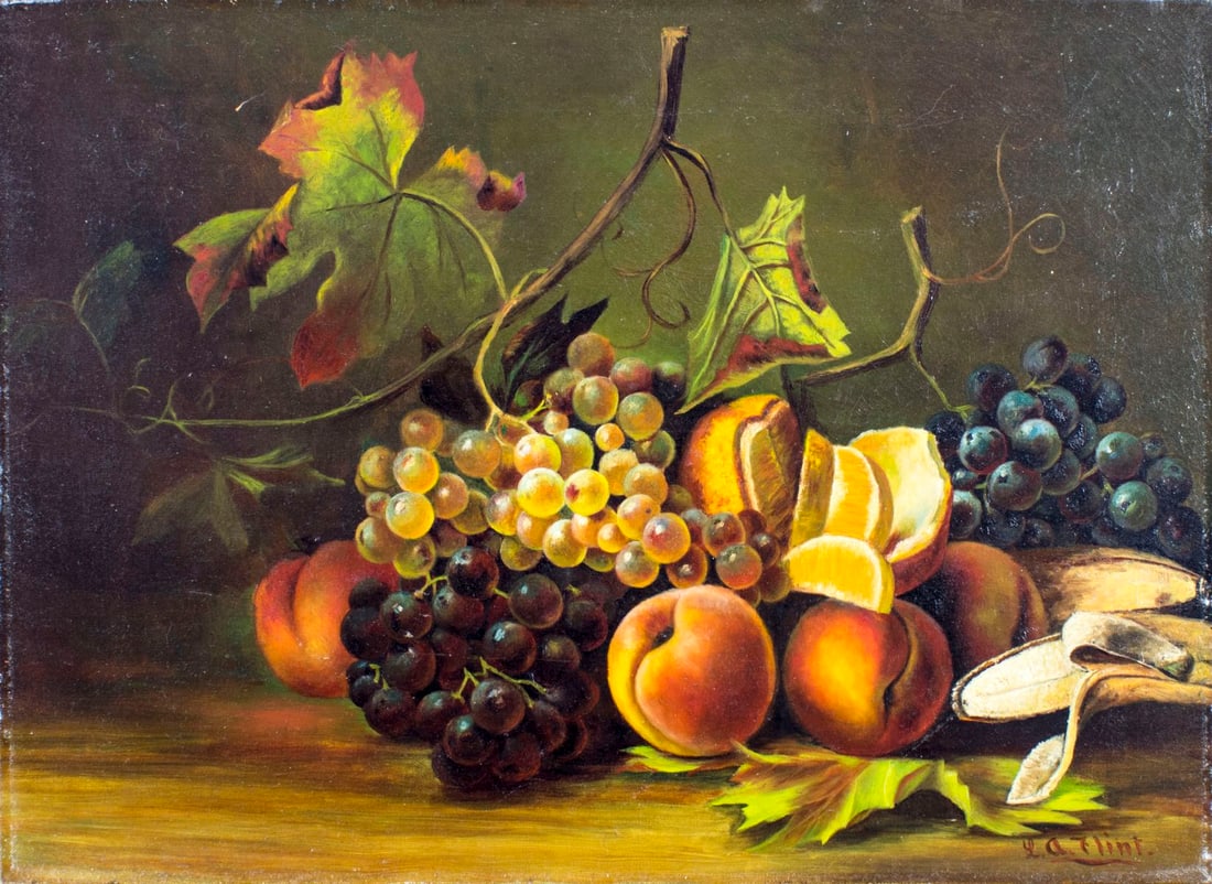 L A Flint (US,19C) oil painting antique: ARTIST: L A Flint (American, 19 century) NAME: Still Life with Fruits MEDIUM: oil on canvas CONDITION: Minor craquelure. No visible inpaint under UV light. SIGHT SIZE: 16 x 22 inches / 40 x 55 cm FRAM