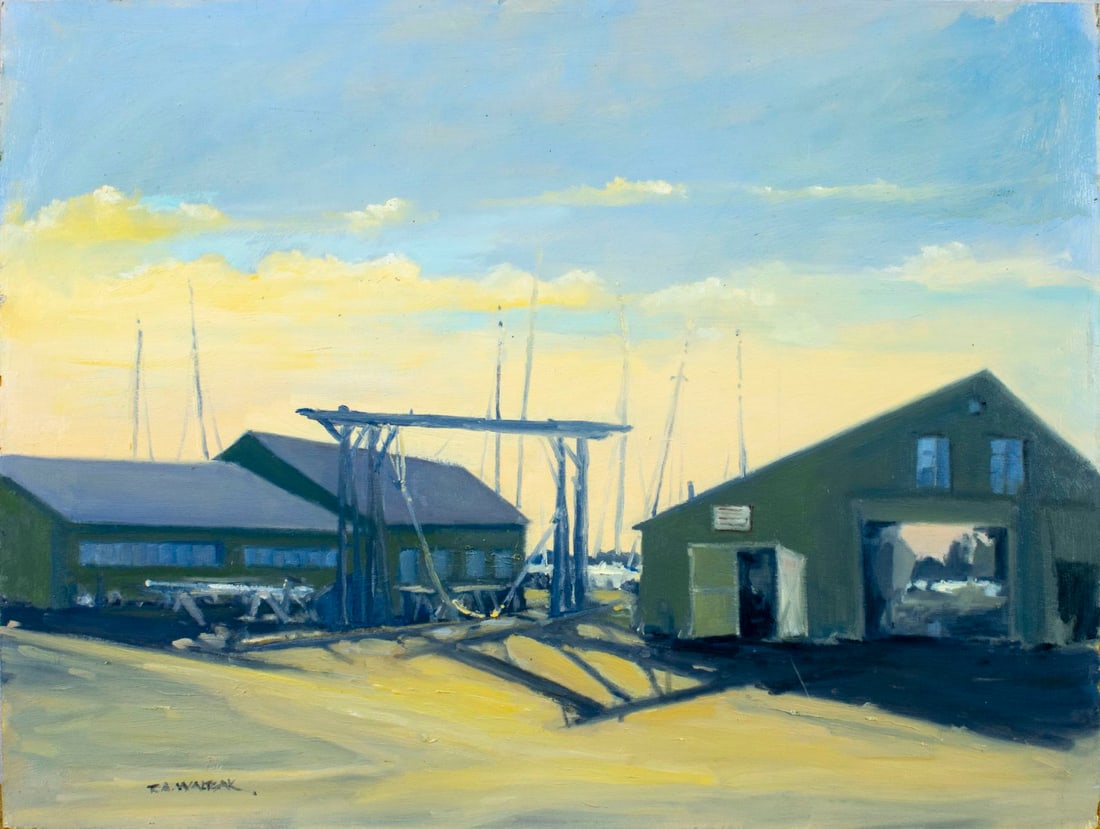 Robert Waltsak (NJ,b 1944) oil painting: ARTIST: Robert Alan Waltsak (New Jersey, born 1944) TITLE: Boatyard Scene MEDIUM: oil on board CONDITION: Few minor scratches/paint losses. No visible inpaint under UV light. ART SIZE: 18 x 24 inches 