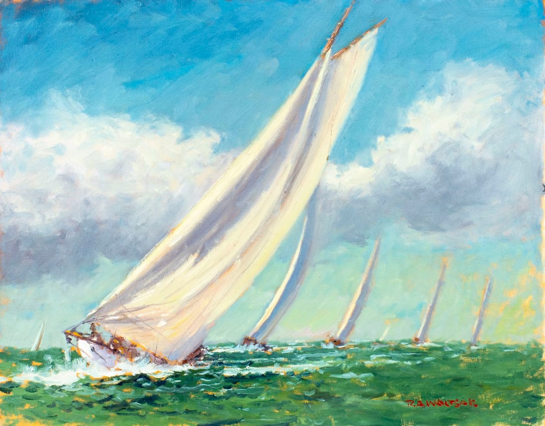 Robert Waltsak (NJ,b 1944) oil painting: ARTIST: Robert Alan Waltsak (New Jersey, born 1944) TITLE: Seascape with Sailing Yachts MEDIUM: oil on canvas board CONDITION: Very good. No visible inpaint under UV light. ART SIZE: 24 x 31 inches / 