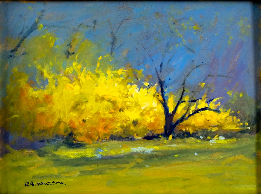 Robert Waltsak (NJ,b 1944) oil painting: ARTIST: Robert Alan Waltsak (New Jersey, born 1944) TITLE: Autumn Landscape MEDIUM: oil on board CONDITION: Very good. No visible inpaint under UV light. Normal wear to frame. ART SIZE: 12 x 16 inches