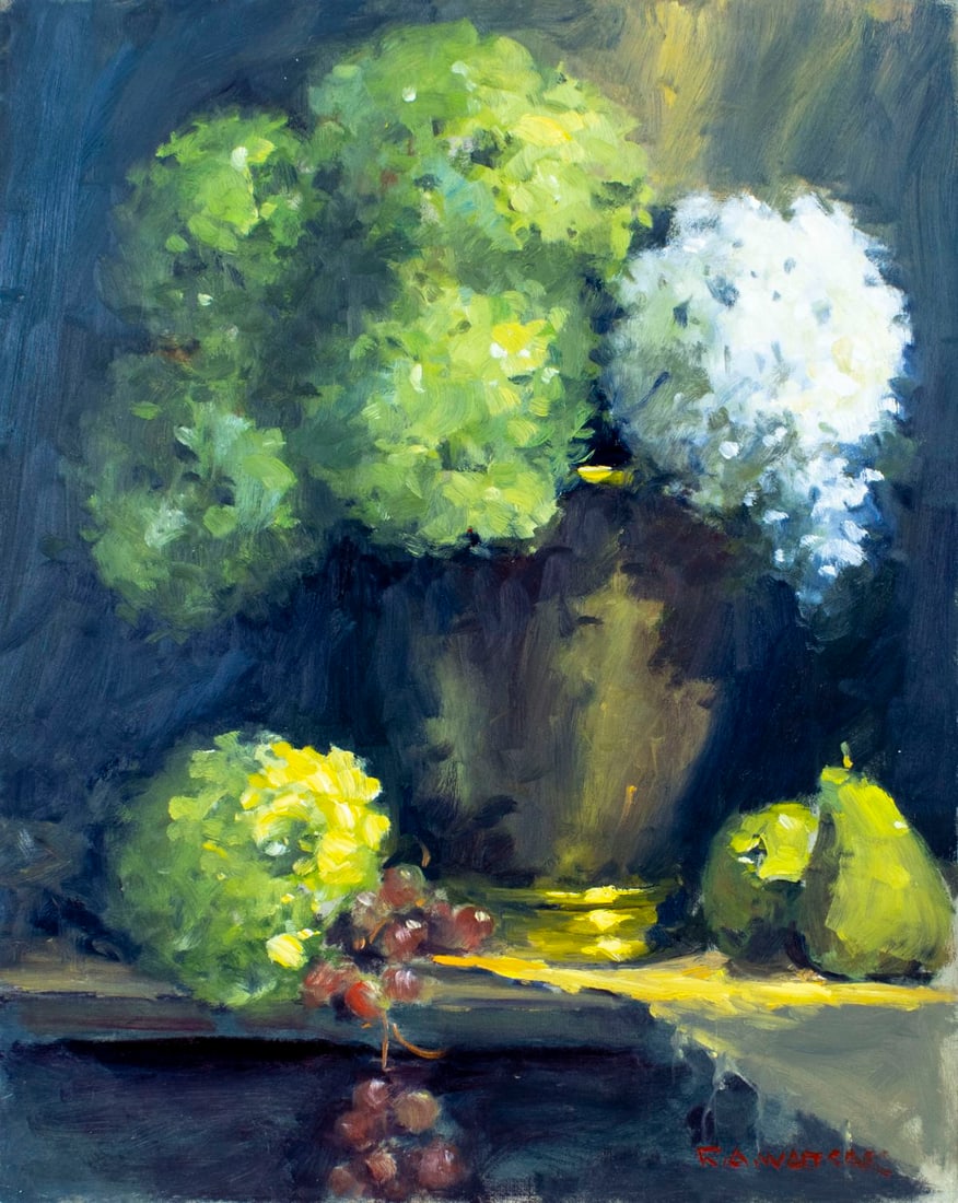 Robert Waltsak (NJ,b 1944) oil painting: ARTIST: Robert Alan Waltsak (New Jersey, born 1944) TITLE: Still Life with Fruit and Vase of Flowers MEDIUM: oil on board CONDITION: Overall good. No visible inpaint under UV light. ART SIZE: 20 x 16 