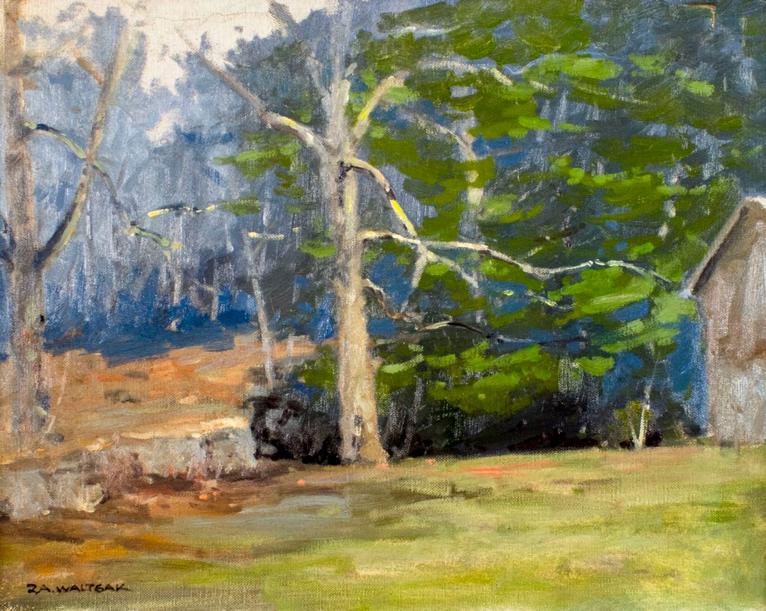 Robert Waltsak (NJ,b 1944) oil painting: ARTIST: Robert Alan Waltsak (New Jersey, born 1944) TITLE: Giant Elm Tree (titled on stretcher) MEDIUM: oil on canvas CONDITION: Spot of gold paint in upper right corner. No visible inpaint under UV l