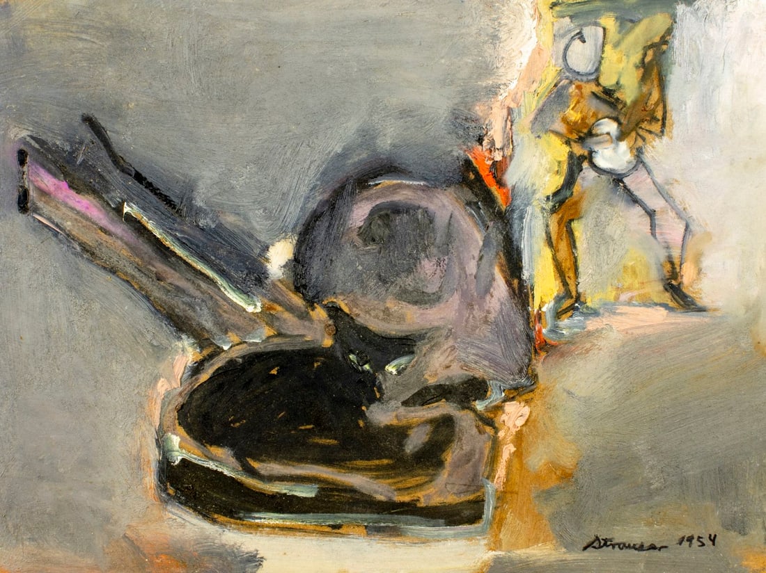 Sterling Strauser (PA,1907-1995) oil painting: ARTIST: Sterling Boyd Strauser (Pennsylvania, 1907 - 1995) TITLE: Musician YEAR: 1954 MEDIUM: oil on board CONDITION: Few minor scratches. No visible inpaint under UV light. ART SIZE: 18 x 24 inches /