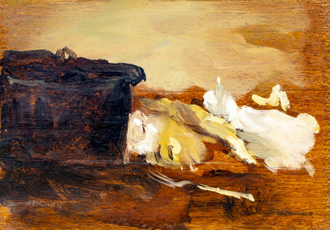 Seymour Remenick (PA,MI,1923-1999) oil painting: ARTIST: Seymour Remenick (Pennsylvania, Michigan, 1923 - 1999) TITLE: Still Life MEDIUM: oil on board CONDITION: Overall good. No visible inpaint under UV light. ART SIZE: 4 x 6 inches / 10 x 15 cm FR